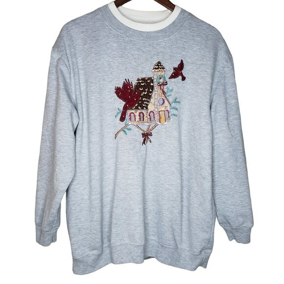 WOMENS Vtg  Sweatshirt Cardinals Bird Grannie Core Winter Embroidered Sz XL Cozy - Picture 1 of 8